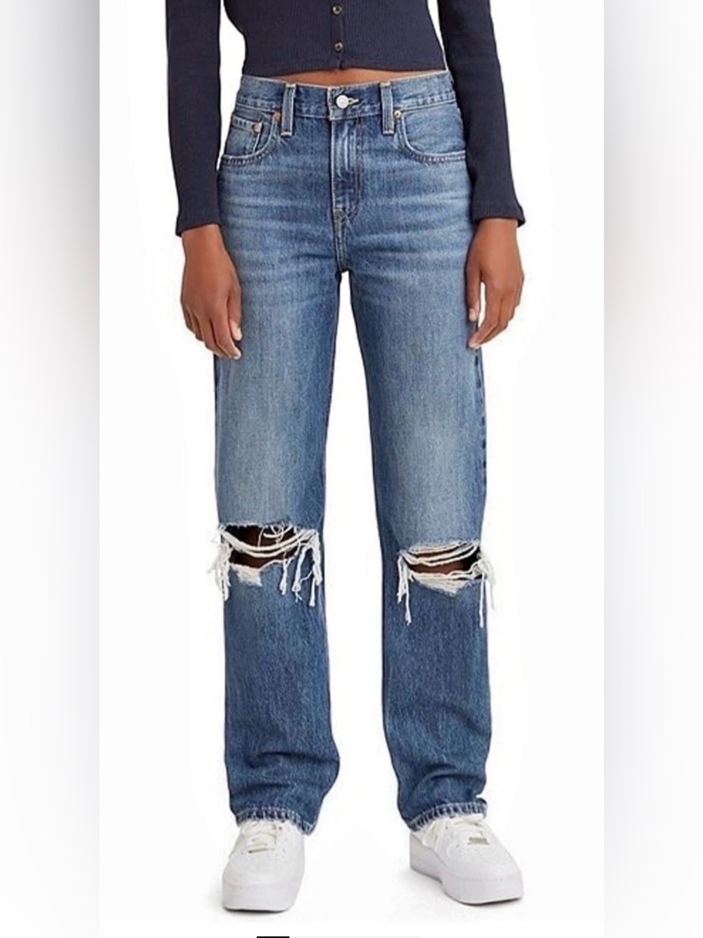Levi Low Pro Straight Classic Distressed Blue Dark Wash Denim Jeans Mid Rise H10